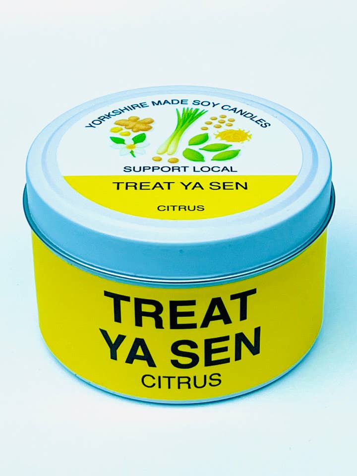 TREAT YA SEN – Yorkshire Sayings Soy Citrus Scented Candles for wholesale by AromaHoliday Ltd