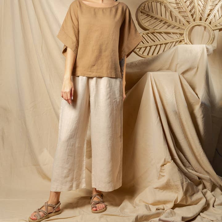 Pantalones de lino beige con talle alto para venta al por mayor de Moa