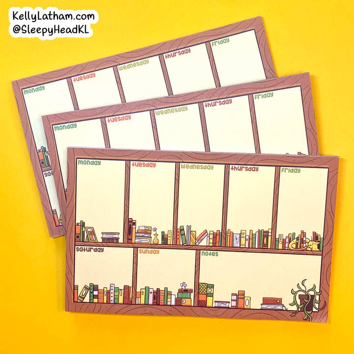 Bokhylla Anteckningsblock Weekly Planner Pad Cute Bookstore Cat för wholesale av Kelly Latham Art