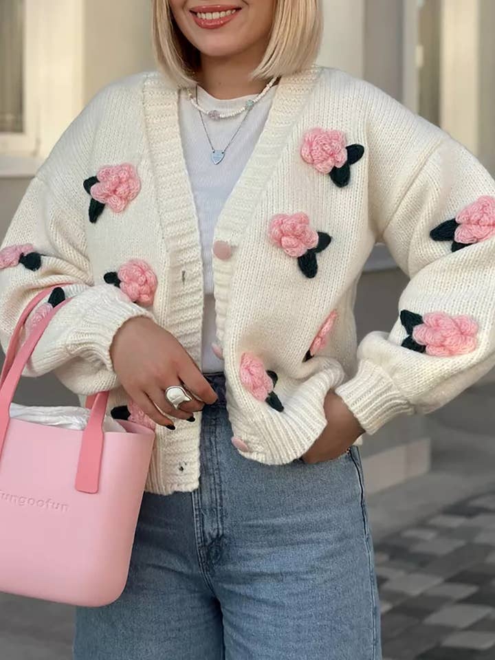 Rosa Clothing - Wholesale Cardigan - Women's - cute little rose ball 3D flower knit cardigan