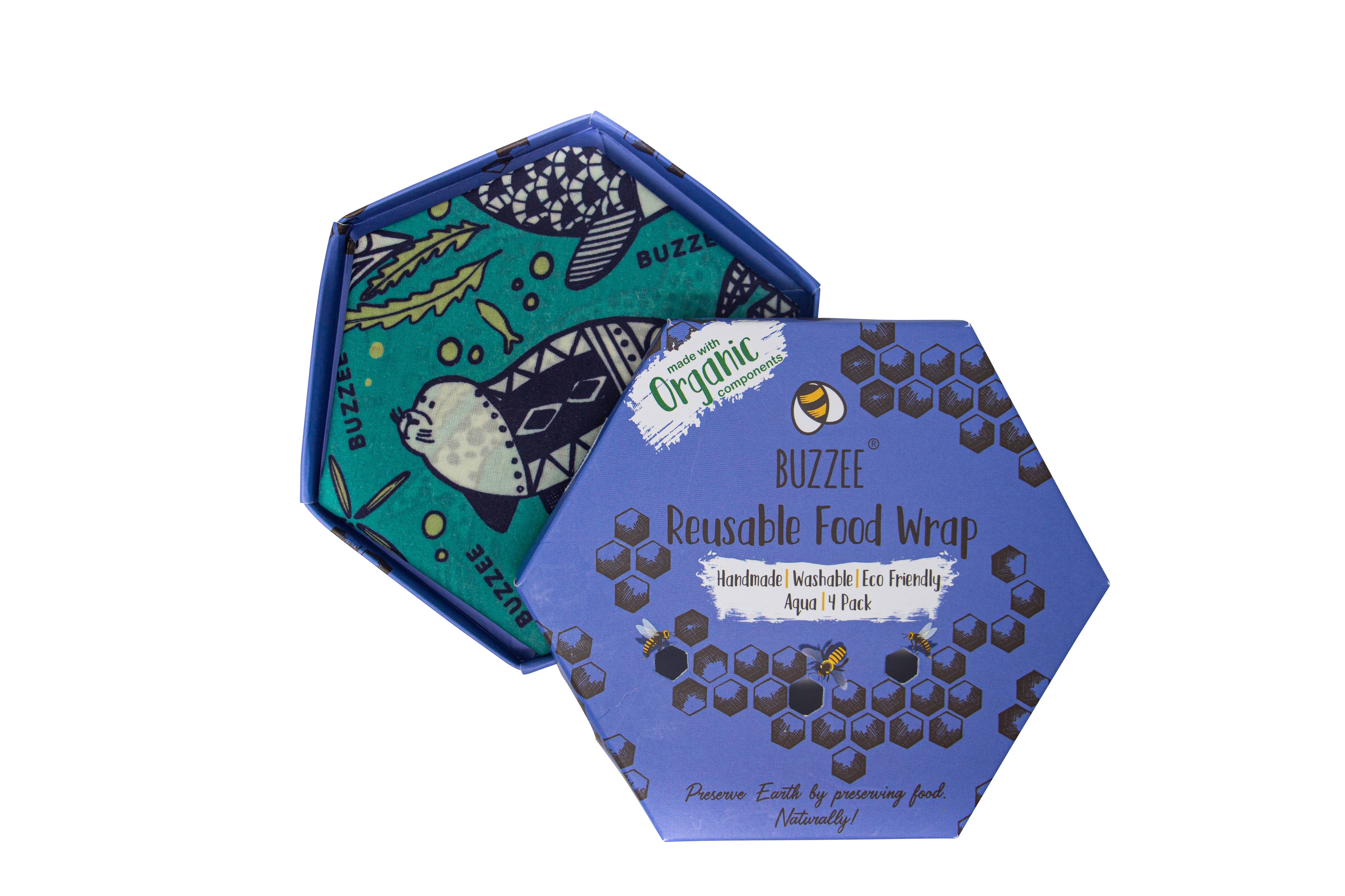 Buzzee - Vendita all'ingrosso Involucro/sacchetto per alimenti - Involucri alimentari riutilizzabili in cera d'api AQUA - 4 confezioni5