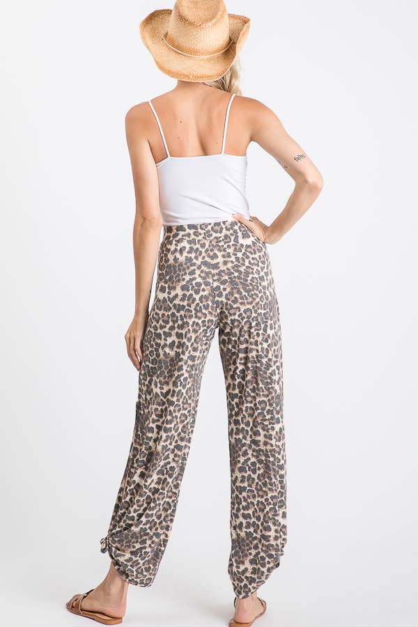 Mocha Leopard Print Lightweight Split Side Ankle Tie Pants P3377 for wholesale on Faire9