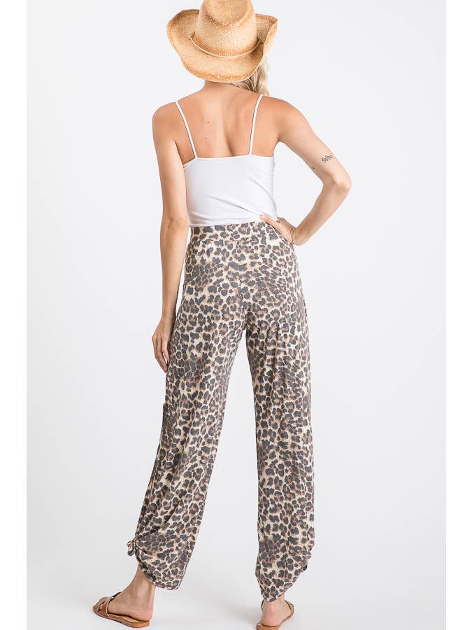 Mocha Leopard Print Lightweight Split Side Ankle Tie Pants P3377 for wholesale on Faire9