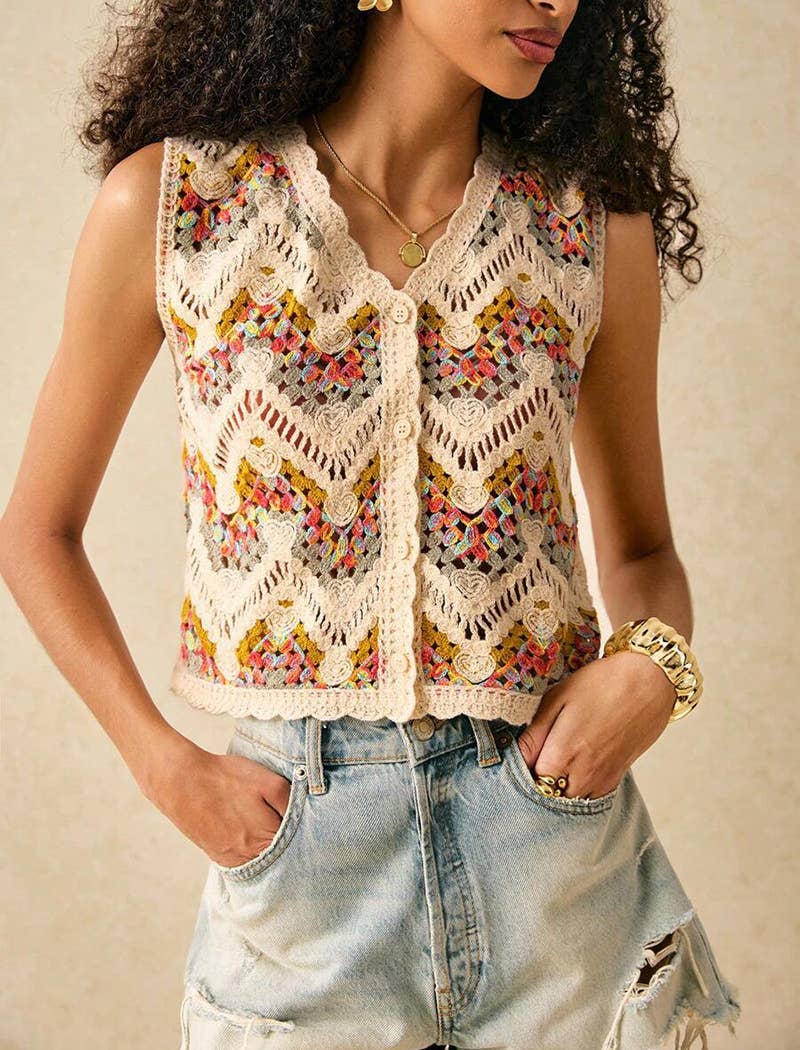 FLOWERY Crochet Pattern Sleeveless Button-Down Top for wholesale on Faire0