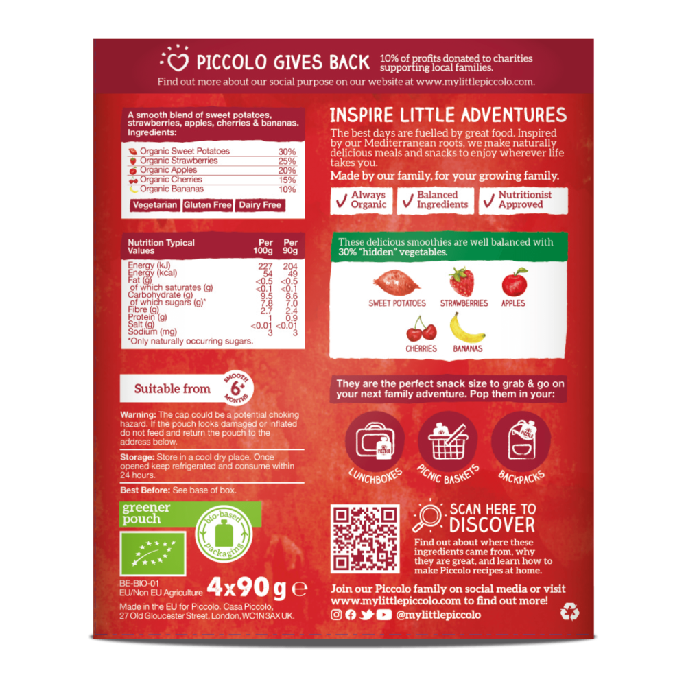 Piccolo Foods - Vente Aliments pour bébé - SMOOTHIES ROUGES PUISSANTS BIOLOGIQUES PICCOLO 4x90g 6m+1