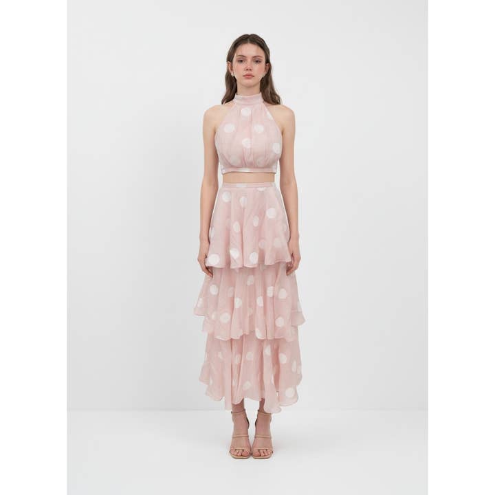 ENSEMBLE HAUT À COL LICOU À GROS POIS ET JUPE LONGUE SUPERPOSÉE pour la vente par LENA