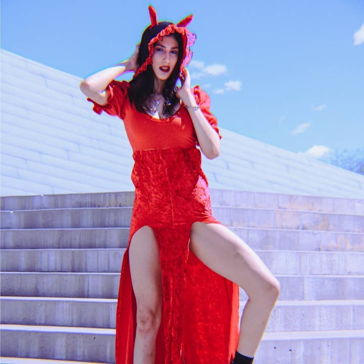 Red Devil Milkmaid Set with Bonnet – Handmade & Upcycled for wholesale by The Modern Alien