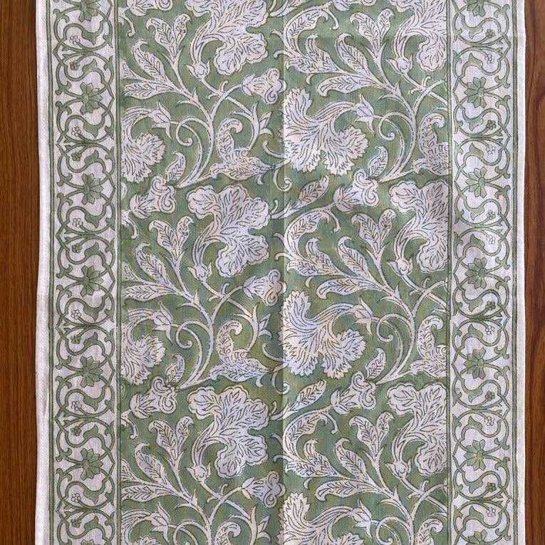 Fabricrush - Vente Chemins de table - Chemin de table indien imprimé au bloc vert sauge et blanc0
