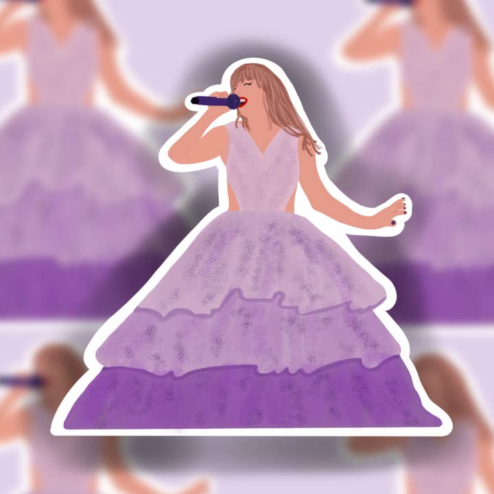 Aufkleber „Taylor Swift in lila Kleid“, wasserfester Aufkleber für den Großhandel von Buzz Tie Dye Creations