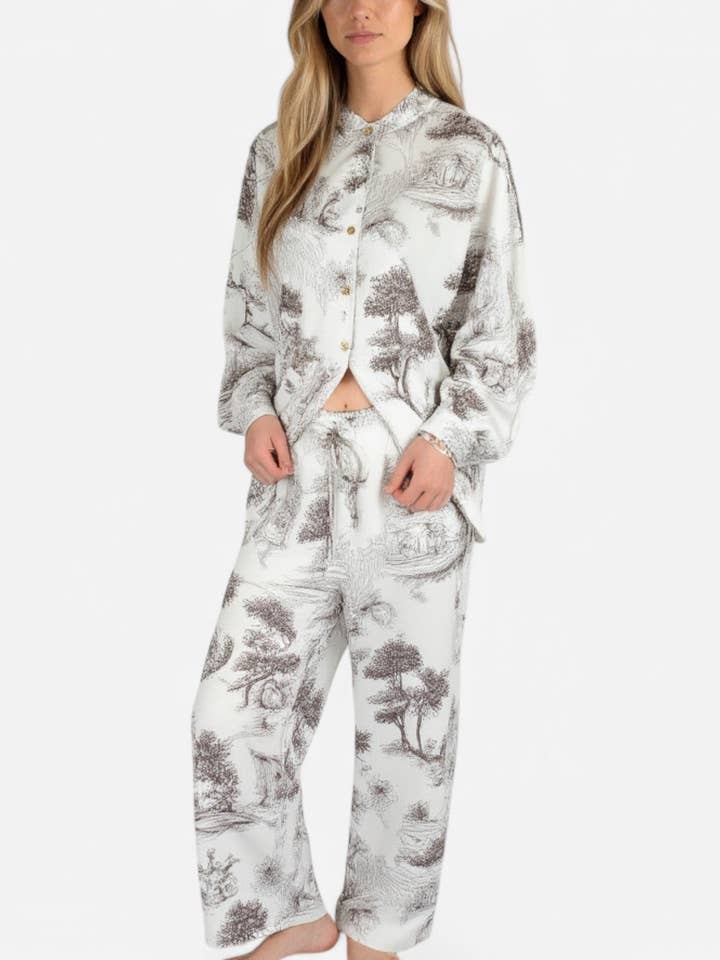 Toile Print Pajama Set with Long Sleeve Top for wholesale by Anna Kaci Wholesale
