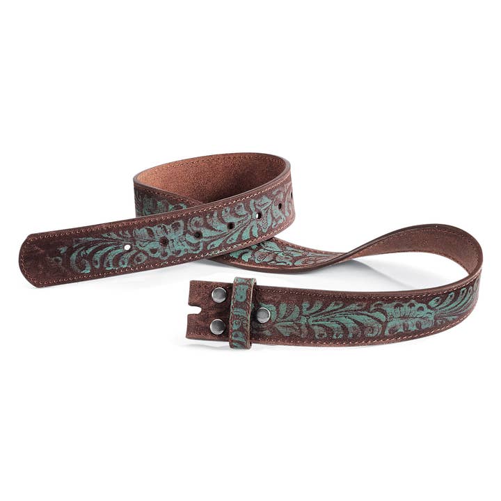 Embossed & Printed Genuine Leather Belt Strap for wholesale by Back in the Saddle