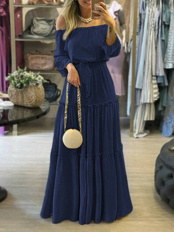 Plush Looks - Wholesale Dress - Women's - Wrap Falbala Solid Color Off-The-Shoulder Maxi Dresses1