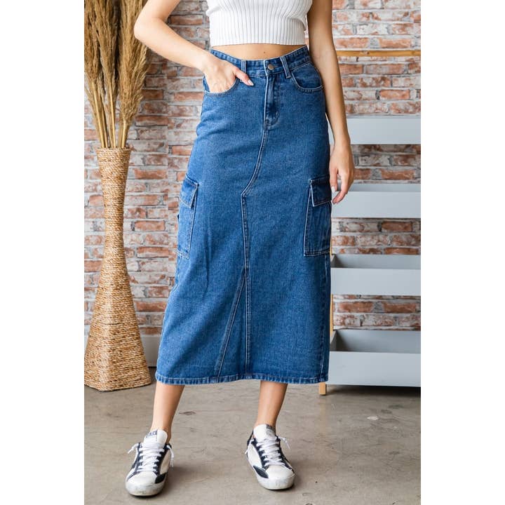 Cargo Pocket Denim Long Skirt for wholesale by Veveret