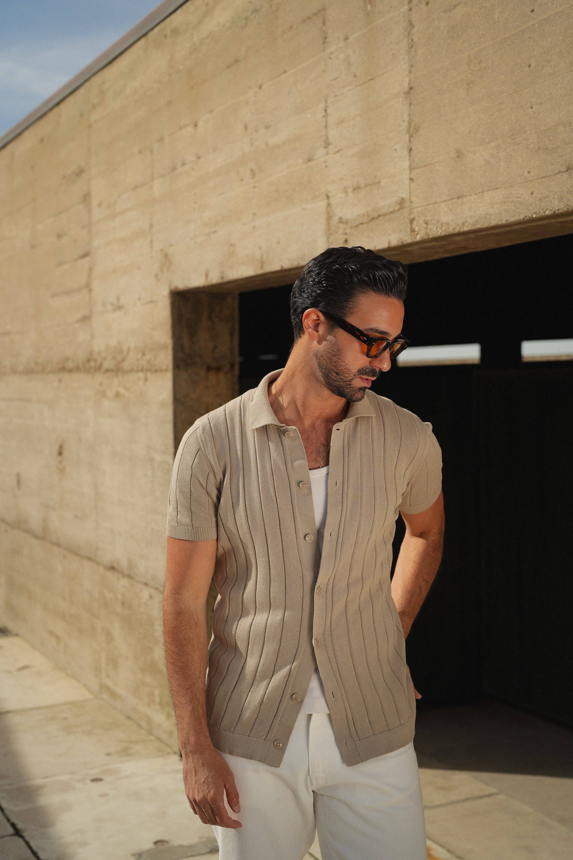 Off White Beige KNITTED CUBAN COLLAR TAUPE SHIRT for wholesale on Faire2