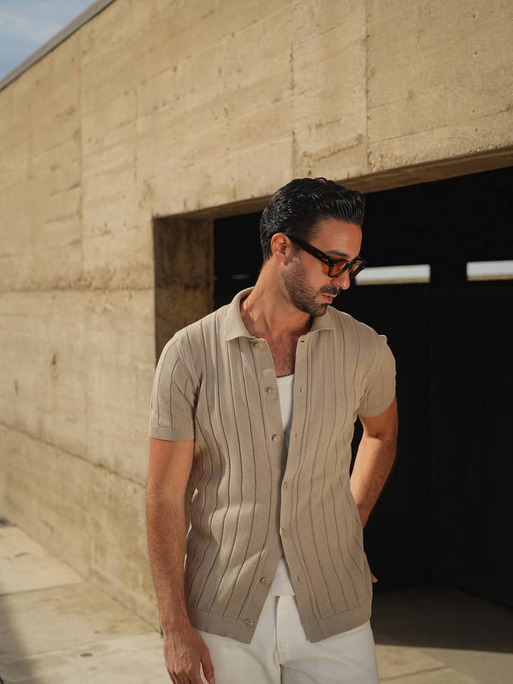 Off White Beige KNITTED CUBAN COLLAR TAUPE SHIRT for wholesale on Faire2