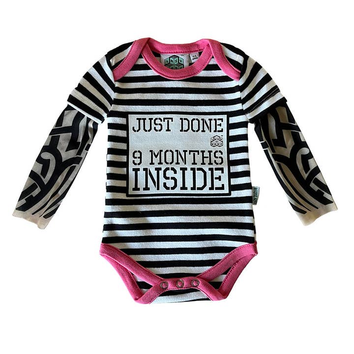 Lazy Baby® – wholesale Bodysuit (non-footed) – Baby – Just Done 9 Months Inside® Baby Tattoo Sleeve Stripy Vest1