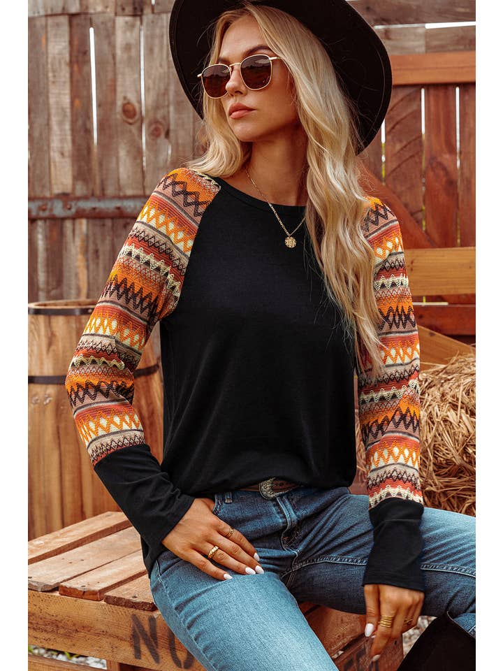 AS SHOWN Fashion-W Western Fall Geo Raglan Patchwork Long Sleeve Tee for wholesale on Faire7