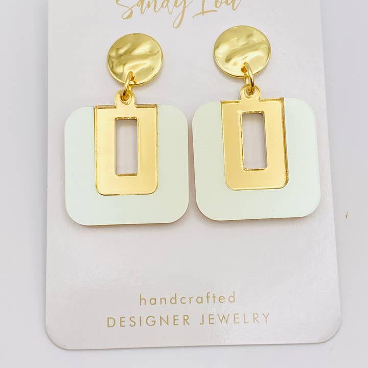 BE SQUARE IRIDESCENT LIGHT GREEN AND GOLD EARRING for wholesale by Sandy Lou Designs