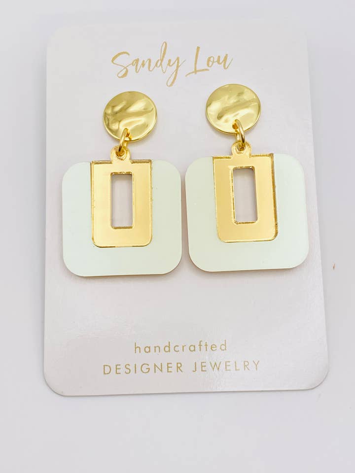BE SQUARE IRIDESCENT LIGHT GREEN AND GOLD EARRING for wholesale by Sandy Lou Designs