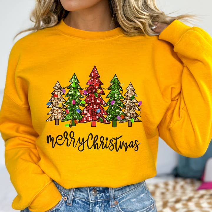 ATTA TOOD LLC - Wholesale Graphic Sweatshirt - Women's - Merry Christmas women's sweatshirt, Sparkling trees, Top