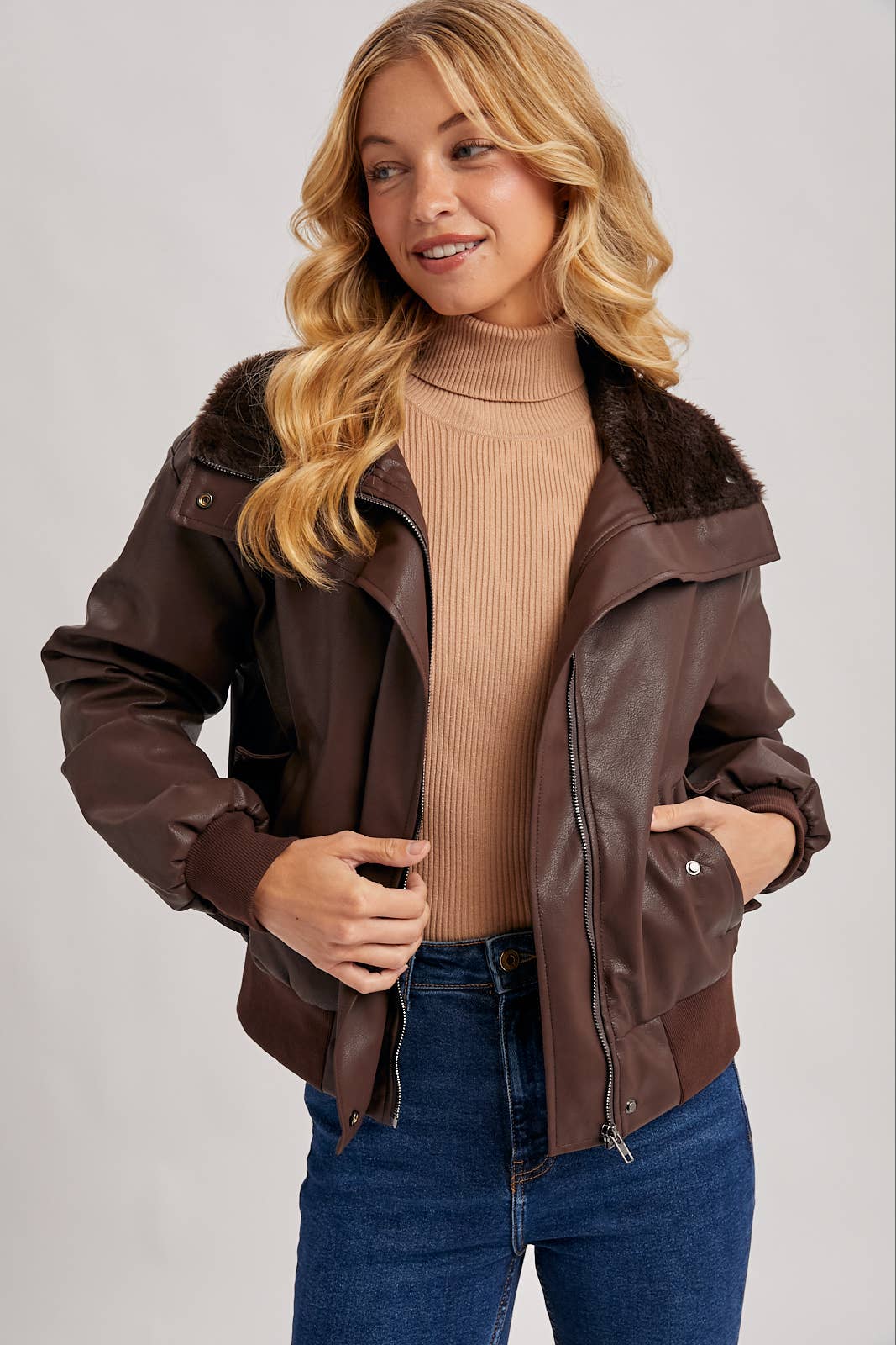 Bluivy - Wholesale Bomber Jacket - Women's - AVIATOR FAUX LEATHER AND FUR TRIMMED BOMBER JACKET16