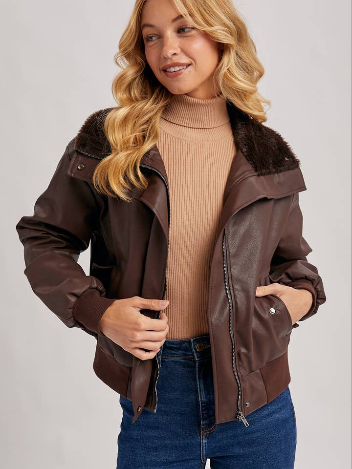 Bluivy - Wholesale Bomber Jacket - Women's - AVIATOR FAUX LEATHER AND FUR TRIMMED BOMBER JACKET16