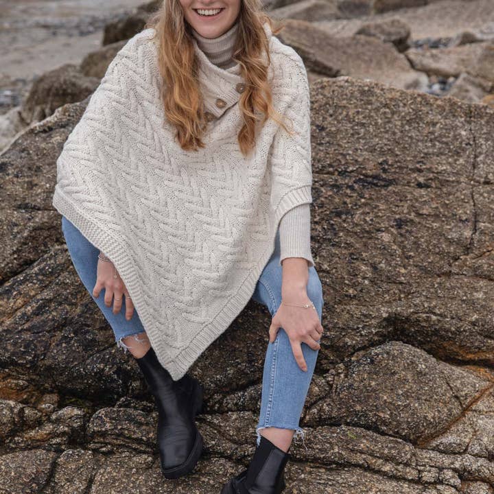 Eurostick - Wholesale Poncho - Women's - Aran Cable Button Shawl Neck Poncho1