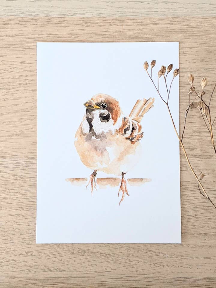Art print 'Sparrow' | Handmade | biotop paper for wholesale by ArtworkByMadelon