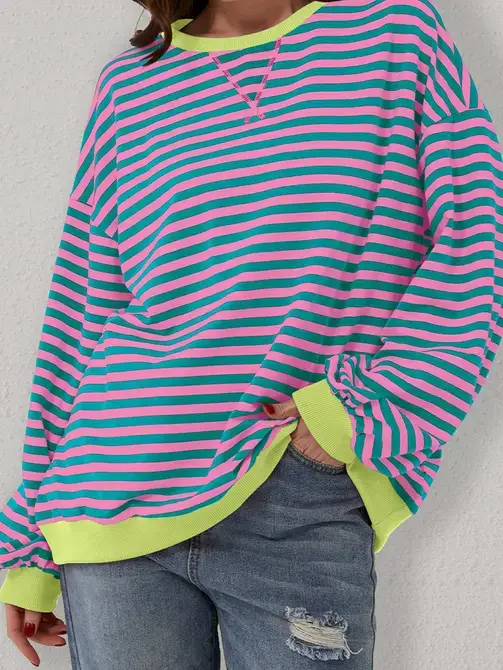 Lovesoft - Wholesale Sweatshirt - Women's - Trendy Oversized Striped Sweatshirt with Bold Trim14