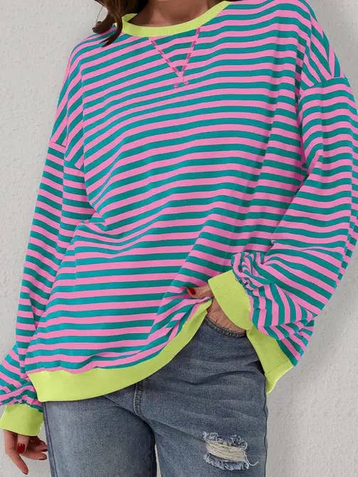 Lovesoft - Wholesale Sweatshirt - Women's - Trendy Oversized Striped Sweatshirt with Bold Trim14