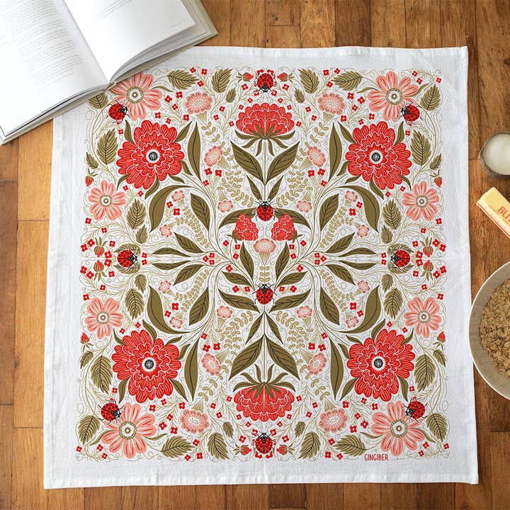 Ladybug Tea Towel - Spring & Garden Floral Kitchen Decor for wholesale by Gingiber