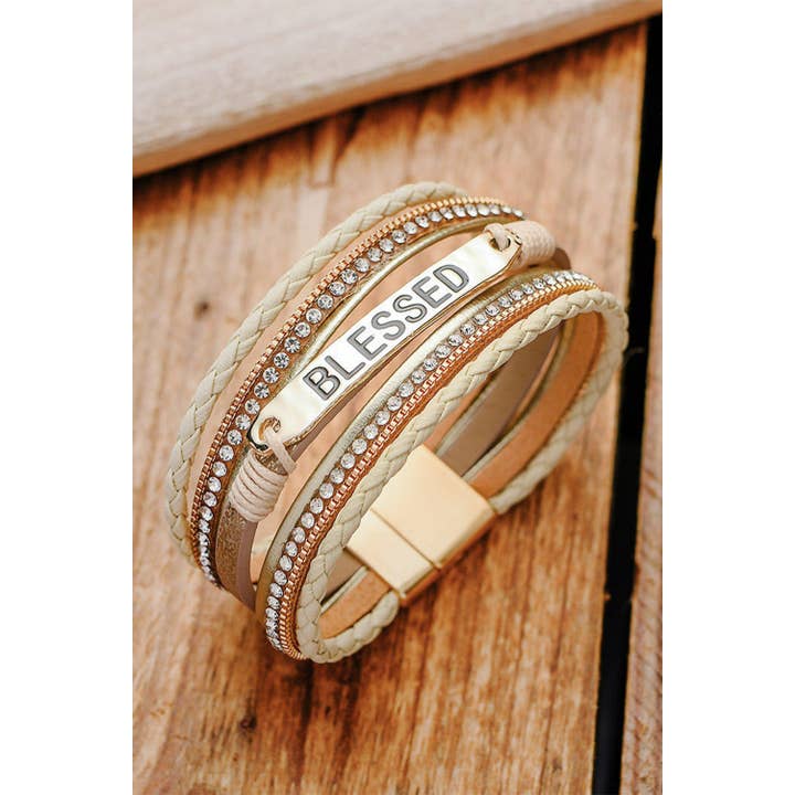Beige LDC BLESSED Rhinestone Braided Detail Buckle Bracelet for wholesale on Faire2