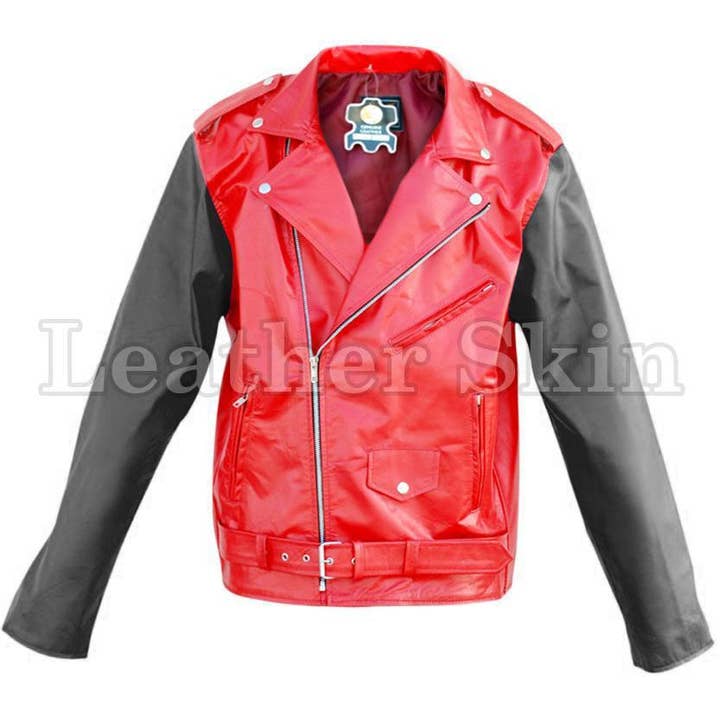 Veste en cuir Brando rouge à manches noires pour femme pour la vente par Leather Skin Shop
