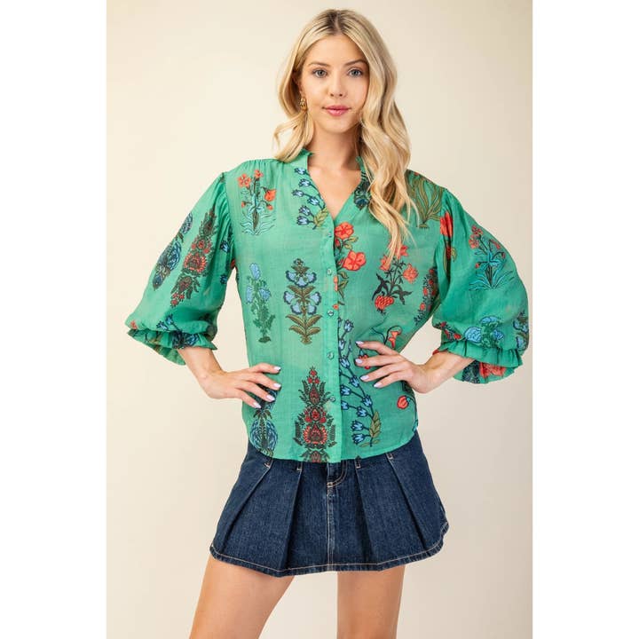 Printed Three Quarter Gathered Balloon Sleeve Top for wholesale by BNS