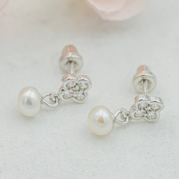 Sterling Silver Daisy w/Dangling Pearl Earrings Girls & Kids for wholesale by Cherished Moments