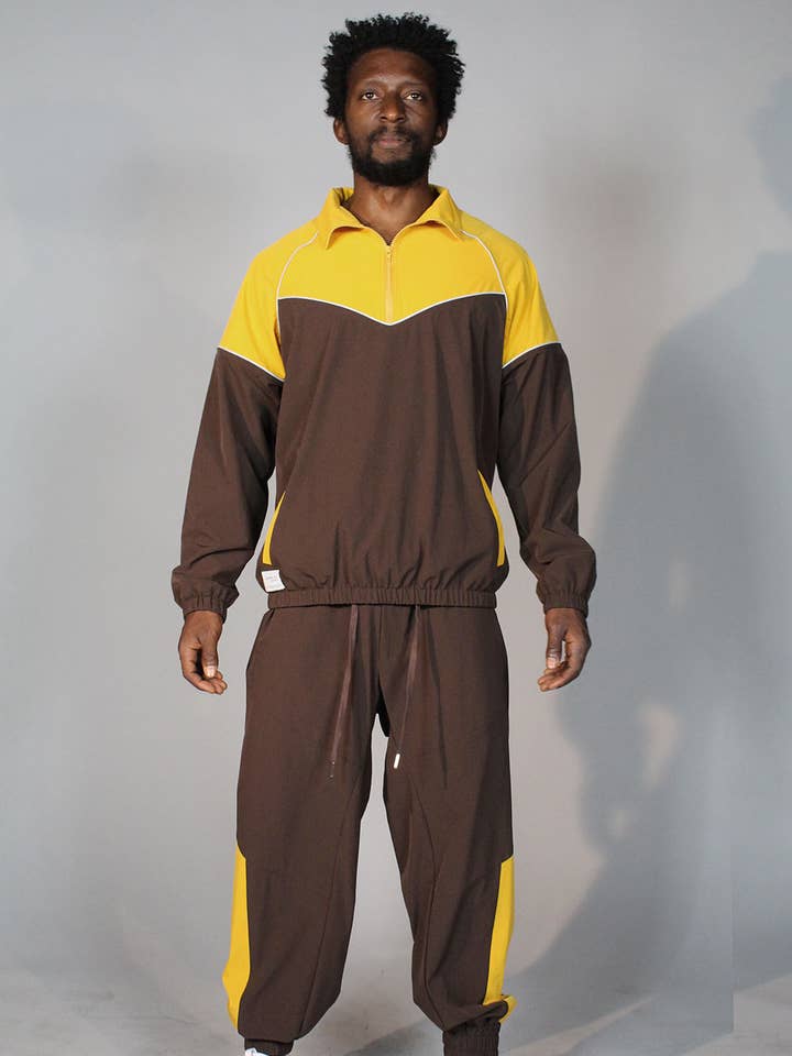 Brown Mustard Colorblock High Neck Windbreaker Set (BROWN/MUSTARD) for wholesale on Faire