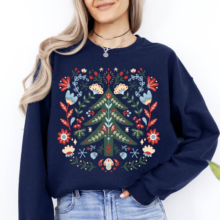 Refinery Number One LLC - Wholesale Graphic Sweatshirt - Unisex - Christmas Tree Folk Art, Scandinavian Floral Sweatshirt