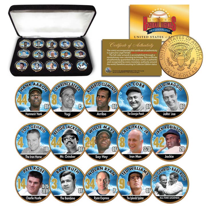 Baseball Legends, set da 15 monete, placcato in oro 24 carati, JFK da mezzo dollaro, in confezione deluxe, include All Star Legends! Spedizione veloce e gratuita negli Stati Uniti per la vendita all'ingrosso da parte di The Merrick Mint