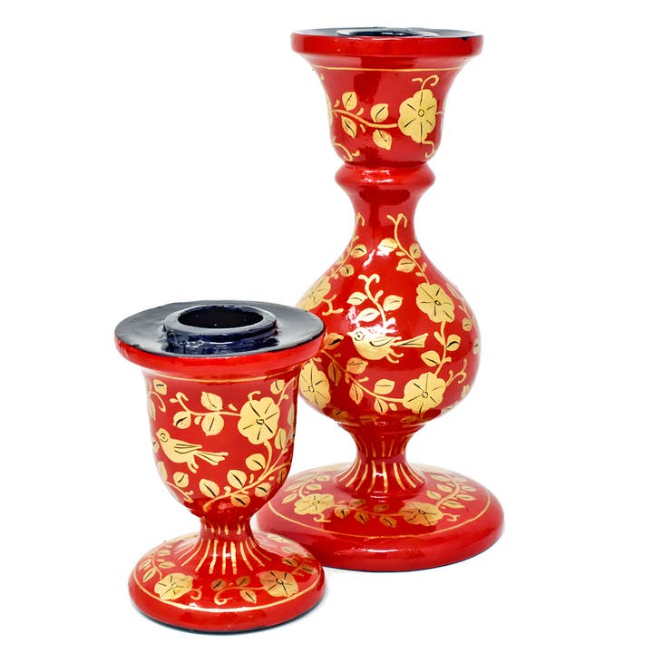 Portavelas de Madera Pintado a Mano de Pájaros Rojos de Cachemira para venta al por mayor de Fair to Trade Ltd