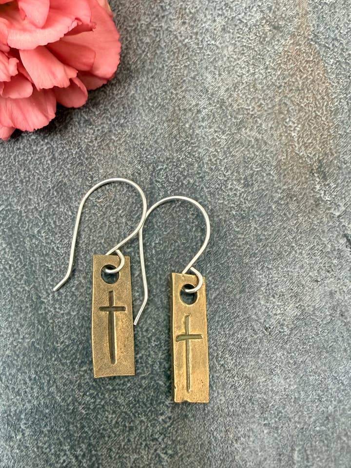 Gold and Silver Cross Stamped Dangling Earrings for wholesale by Adorn