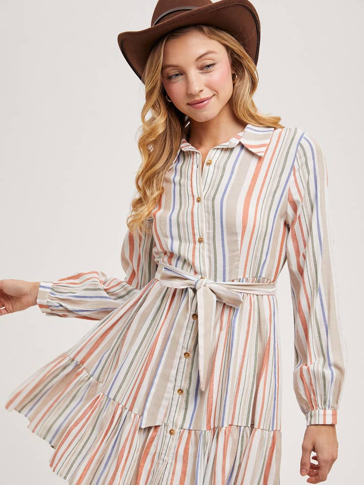 MULTI STRIPE TIERED SHIRT DRESS for wholesale by Bluivy