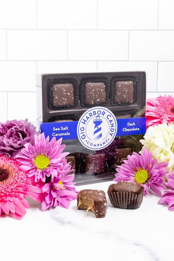 Gig Harbor Candy Company – Großhandel Süßigkeiten mit Schokoglasur – Zartbitterschokolade Meersalz-Karamellen - 9 Stück2