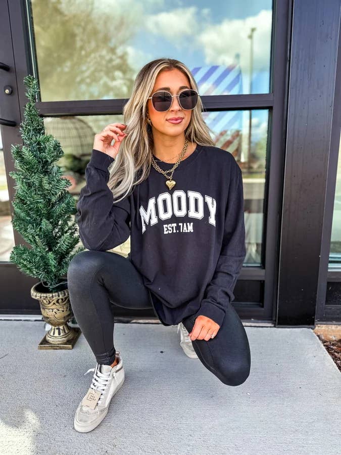 Moody Est 7a.m. Black Long Sleeve Graphic Tee for wholesale by birdie
