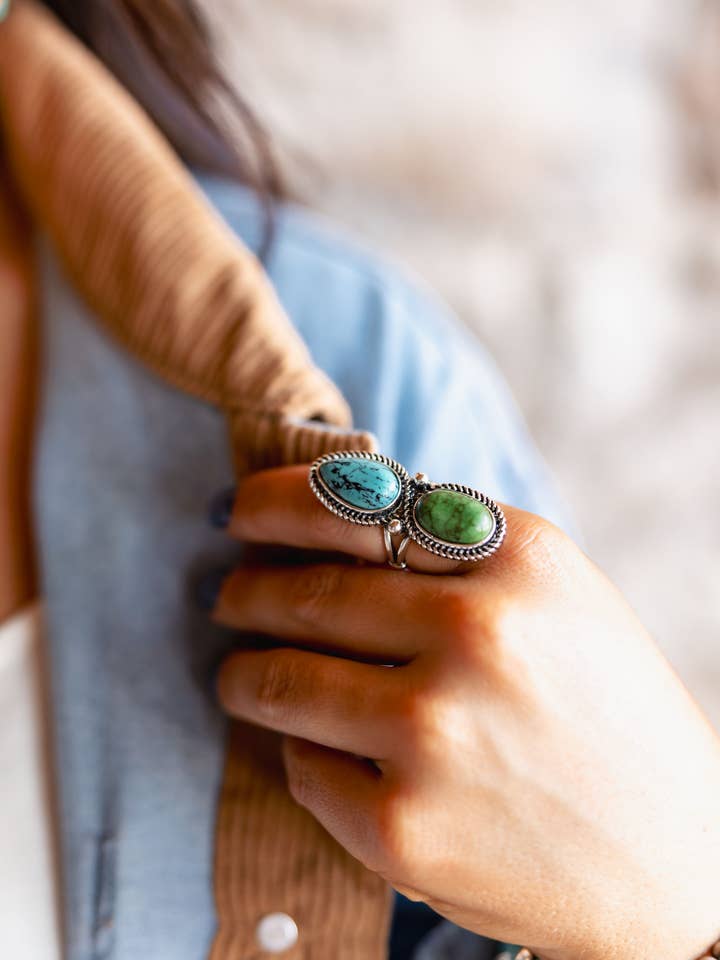 Green Teardrop and Oval Two Stone Ring for wholesale by West & Co.