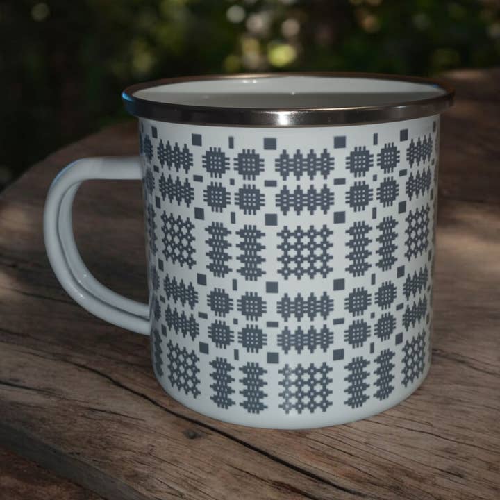 Grey Welsh tapestry blanket design Enamel Camping mug for wholesale by Moose & Co