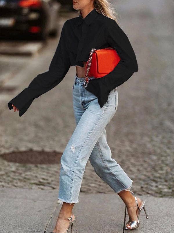 VividLux - Wholesale Button Down Shirt - Women's - Cropped Long Sleeves Asymmetric Fringed Pockets Solid Color Blouses&shirts Tops1