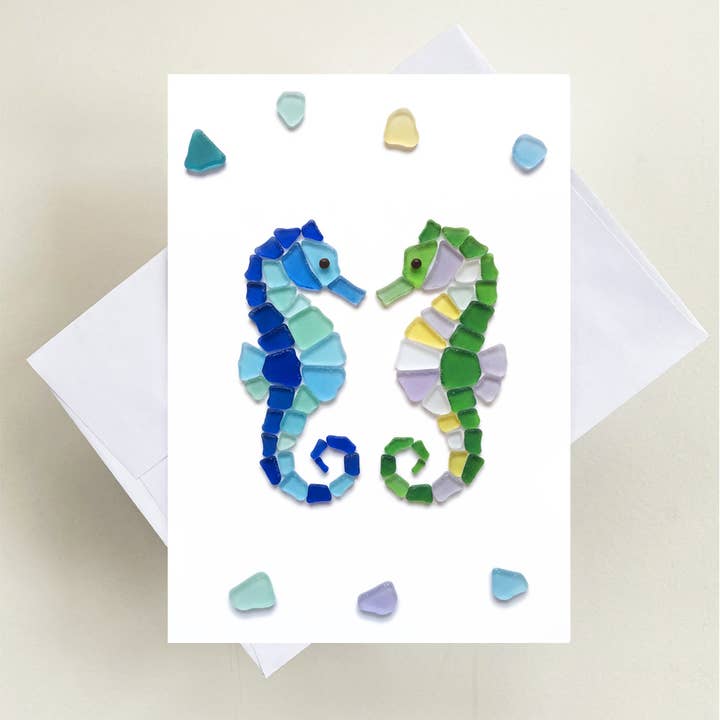 Seahorse sea glass greeting card for wholesale by LISART LLC