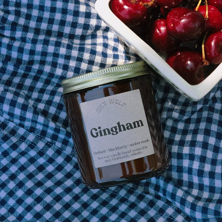 Shy Wolf Candles - Wholesale Jar/filled candle - Gingham Candle - slow summer - rhubarb berry cottage core1