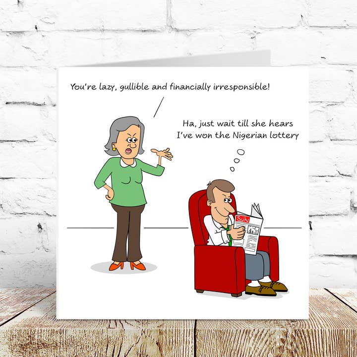 Swizzoo Cards - Vendita all'ingrosso Biglietti di auguri - Divertente biglietto di compleanno per moglie, mamma, zia, donna, marito pigro, umoristico, divertente e sfacciato, truffa alla lotteria