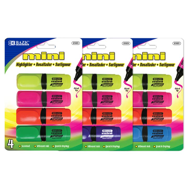 Desk Style Fluorescent Highlighters Mini Asst Color (4/Pack) for wholesale by BAZIC Products